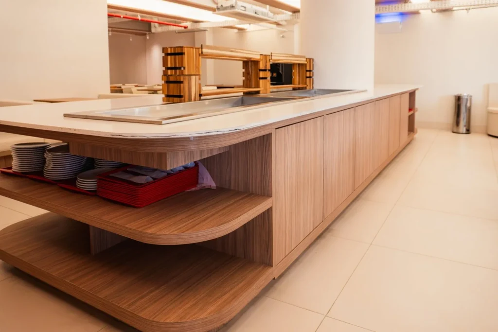 Bancada de buffet com prateleiras curvas em madeira, projeto da Navarro Móveis Planejados no Moov Hotel São Paulo