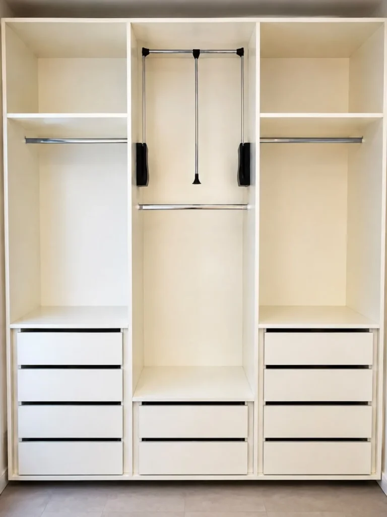 Interior de closet branco com cabideiro basculante, prateleiras e gavetas — projeto da Navarro Móveis Planejados