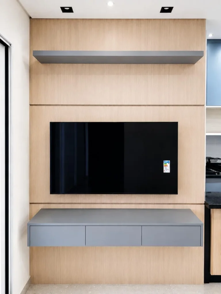 Painel de TV em madeira clara com prateleira e rack suspenso em cinza — projeto da Navarro Móveis Planejados