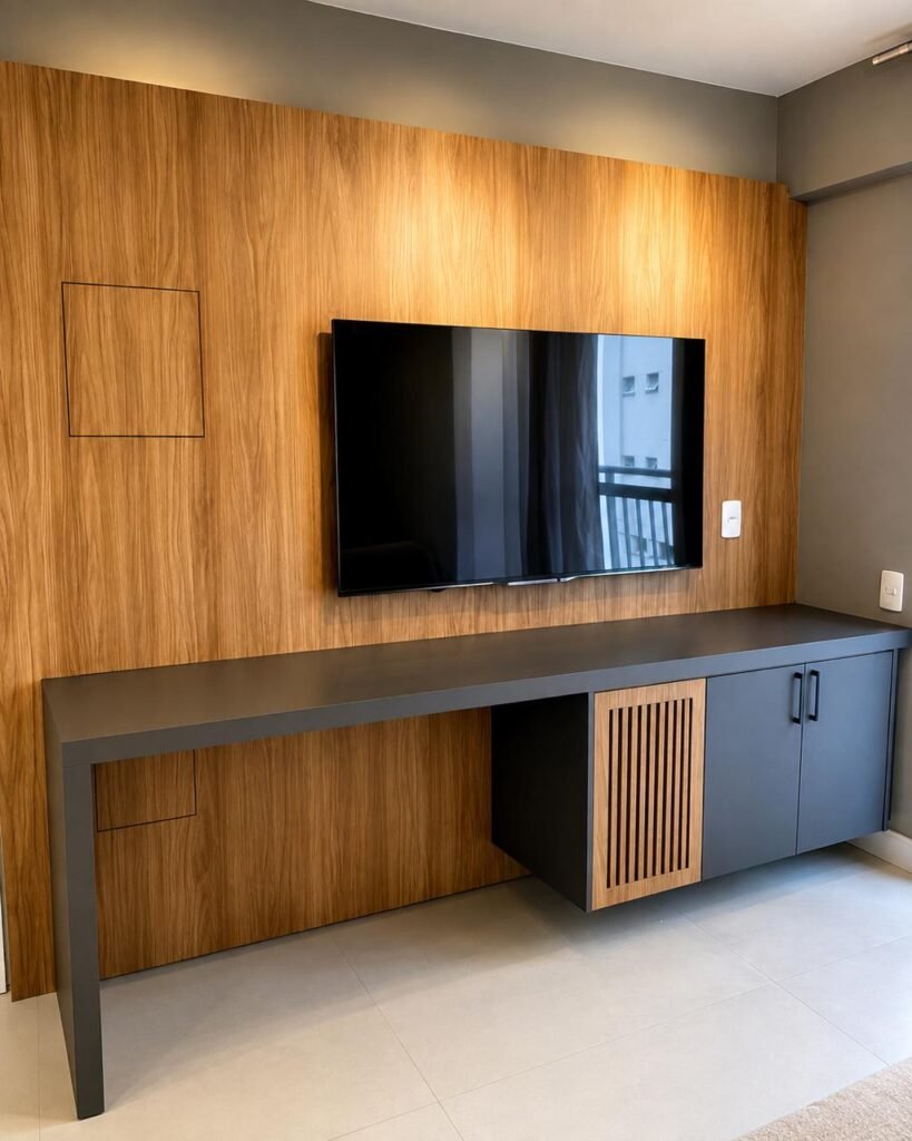 Painel de TV em madeira com bancada em grafite e porta ripada — projeto da Navarro Móveis Planejados