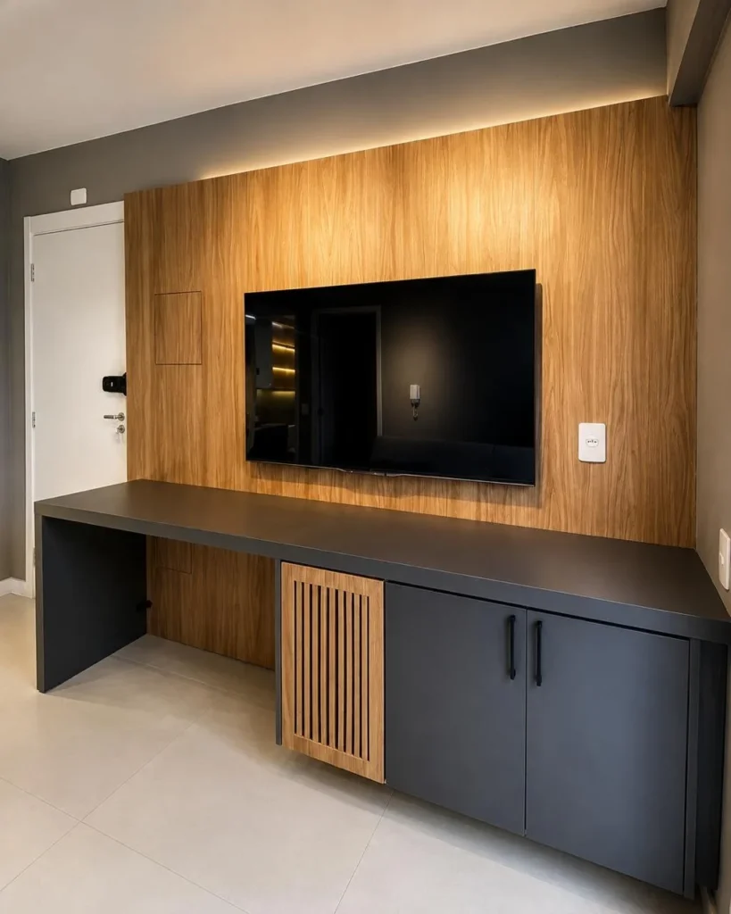 Painel de TV em madeira com bancada e armário em grafite — projeto da Navarro Móveis Planejados